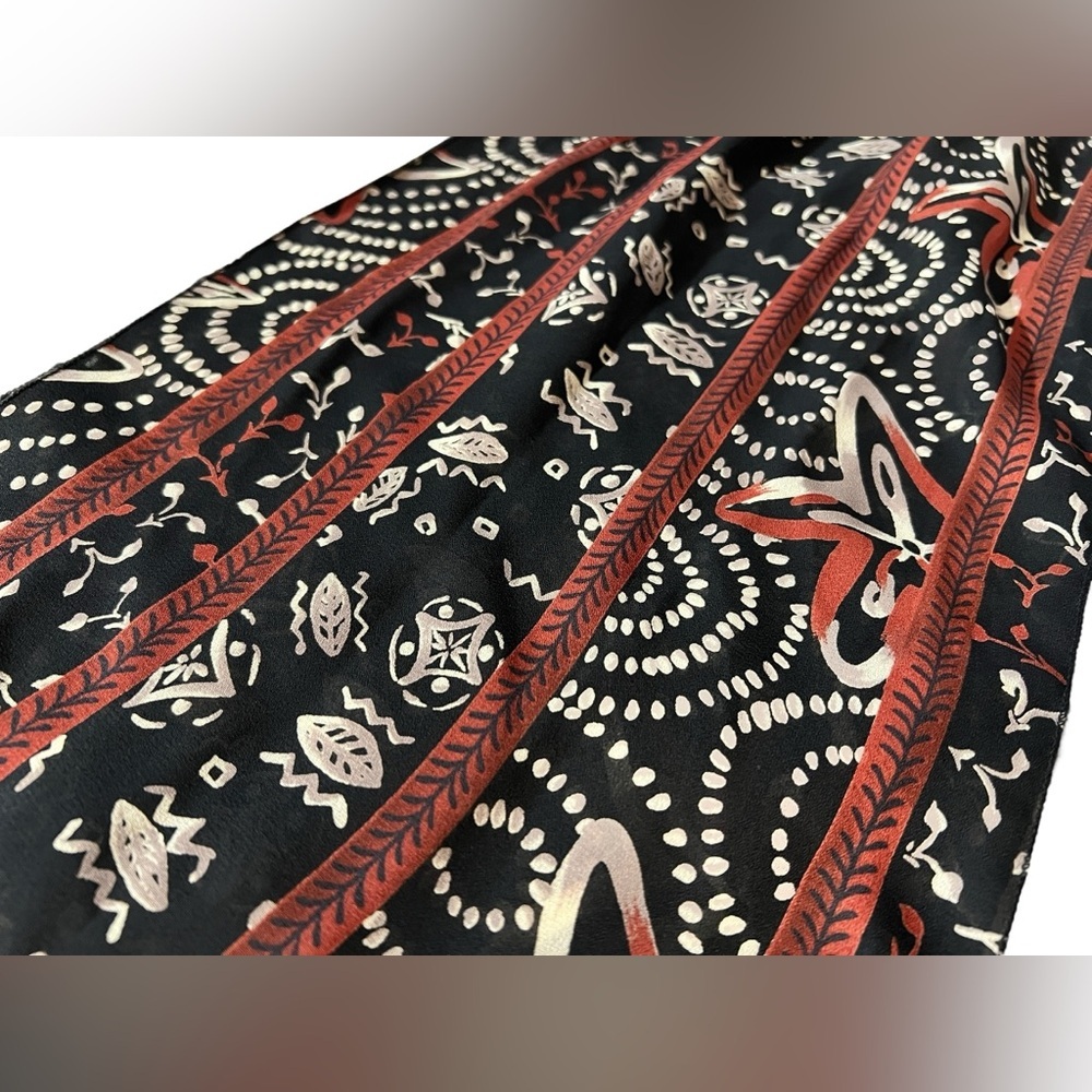 Elegant Black and Burnt Orange Patterned Scarf, approx. 10.5”x58” - Picture 3 of 10